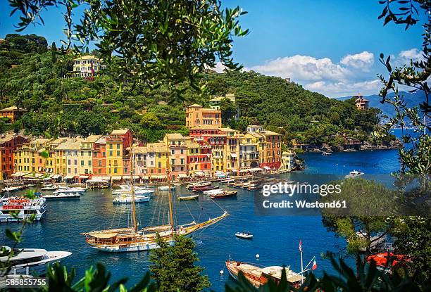 italy, liguria, portofino, boats and row of houses - portofino stockfoto's en -beelden