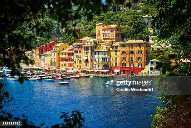 italy, liguria, portofino, boats and row of houses - portofino stock pictures, royalty-free photos & images