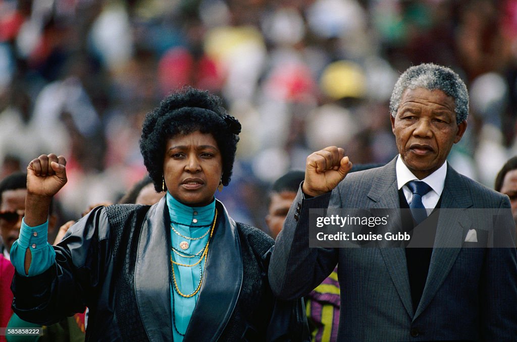 Nelson and Winnie Mandela at His Welcome Home Rally