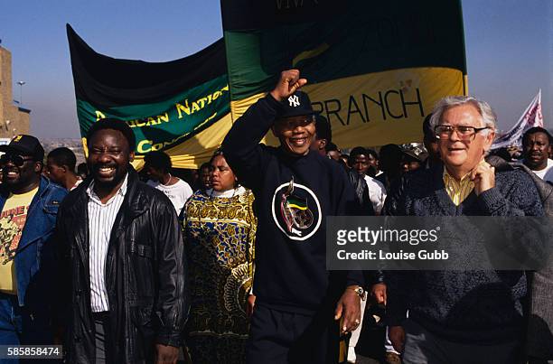Nelson Mandela and Joe Slovo march in a parade commemorating June 1976. Former President of South Africa and longtime political prisoner, Nelson...