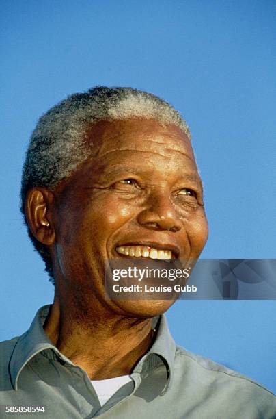 Presidential candidate Nelson Mandela smiles during rally in Ezakheni before first Democratic elections. A longtime political prisoner, Nelson...