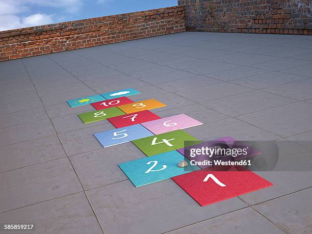 hopscotch and a pebble on roof terrace, 3d rendering - rooftop garden stock illustrations