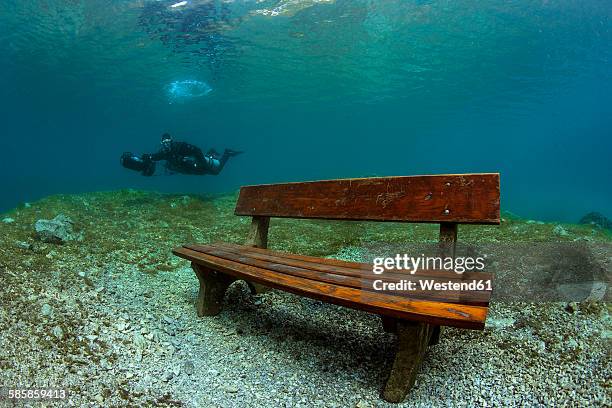 austria, styria, tragoess, lake gruener see, diver and flooded park bench - weird hobbies stock pictures, royalty-free photos & images