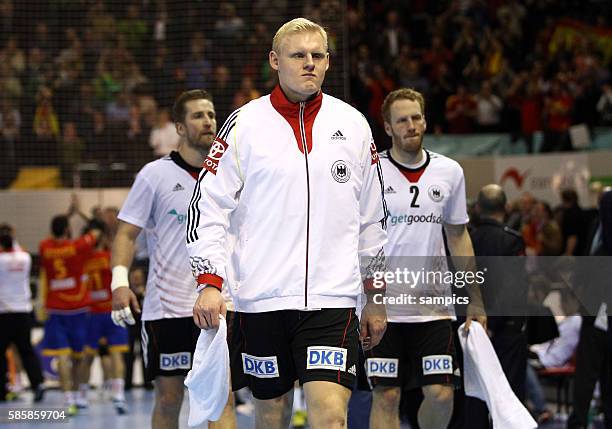 Oliver Roggisch , Patrick Wiencek , Stefan Kneer enttäuscht Handball Männer Weltmeisterschaft Viertelfinale : Spanien - Deutschland mens ihf handball...