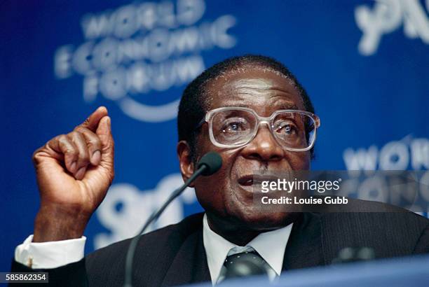 Zimbabwe President Robert Mugabe speaking at a press conference during the Southern Africa Economic Summit held in Windhoek, Namibia.