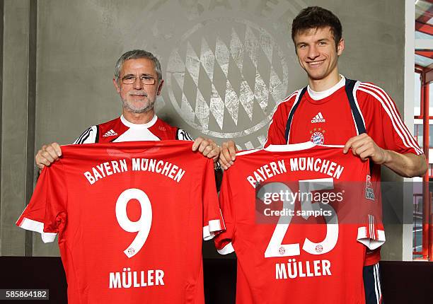 Interview with German soccer legend Gerd Mueller and young player Thomas Muller of FC Bayern Munich in Munich, Germany.