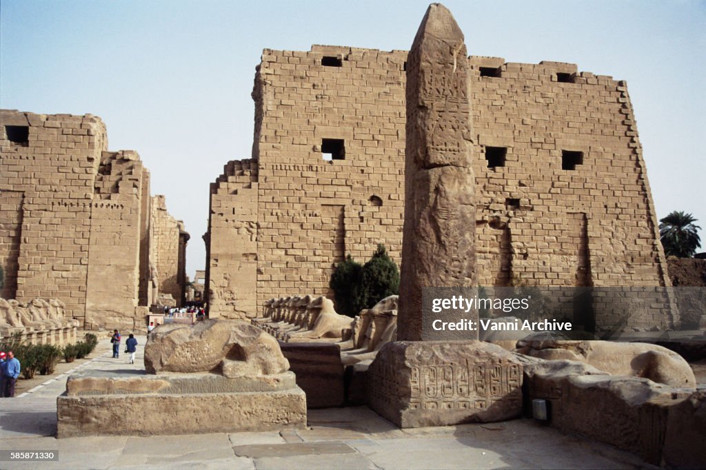 Temple of Amun in Karnak: Avenue of Criosphinxes and Obelisk of Seti II Against the First Pylon