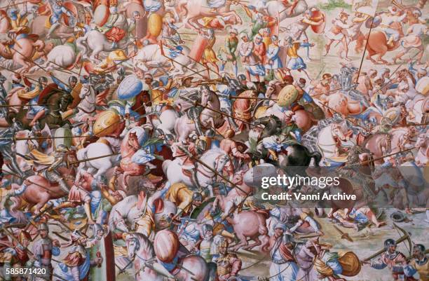 detail of a fresco painting of the battle of higueruela at el escorial - schlacht stock-fotos und bilder