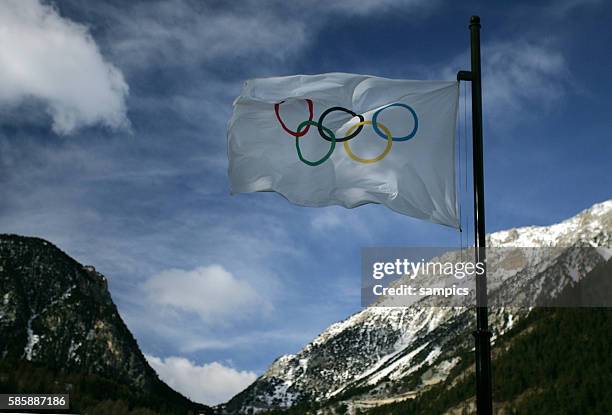 The Olympic Flag flies over Cesana, Italy in preparation for the 20th Winter Olympics in Torino, Italy 2006. February