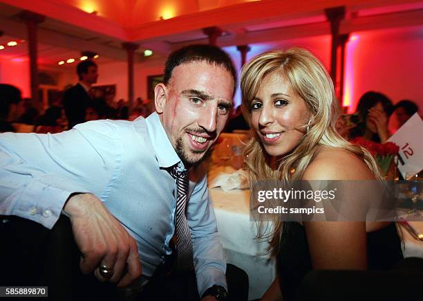 Franck Ribery and wife Wahiba at the champions party after the final of the German Cup against Borussia Dortmund in Berlin, Germany.