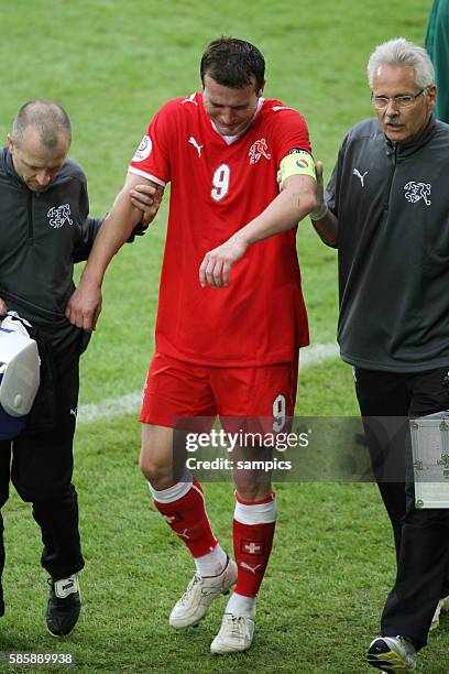 Alexander Frei of Switzerland crying after having to leave the match injured during the EURO 2008 preliminary round group A match in St. Jakobs...