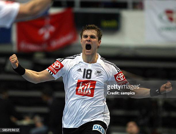Michael Kraus of Germany celebrating during the IHF World Championships match against Serbia in Croatia.