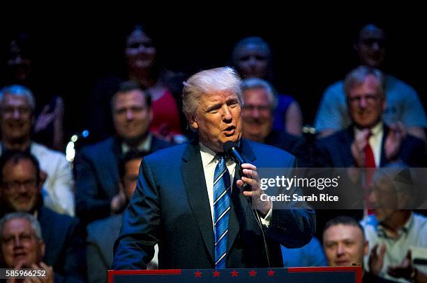 Republican Presidential candidate Donald Trump speaks at the Merrill Auditorium on August 4, 2016 in Portland, Maine.