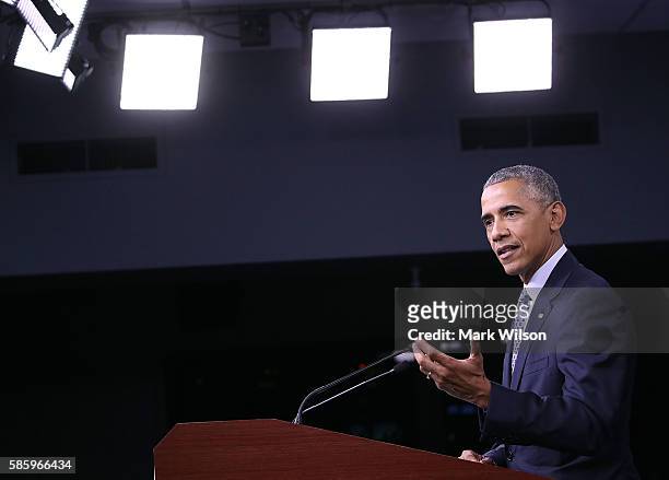 President Barack Obama speaks to media after a meeting with US Secretary of Defense Ashton Carter and members of the Joint Chiefs of Staff, at the...