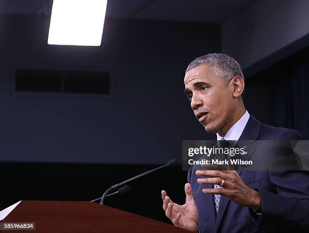 President Barack Obama speaks to media after a meeting with US Secretary of Defense Ashton Carter and members of the Joint Chiefs of Staff, at the...