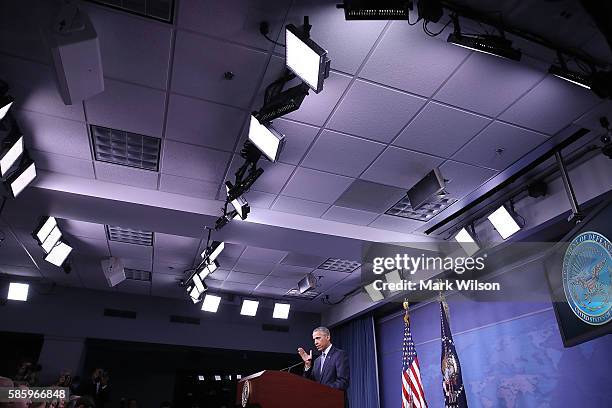 President Barack Obama speaks to media after a meeting with US Secretary of Defense Ashton Carter and members of the Joint Chiefs of Staff, at the...