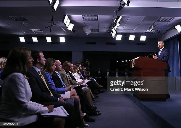 President Barack Obama speaks to media after a meeting with US Secretary of Defense Ashton Carter and members of the Joint Chiefs of Staff, at the...
