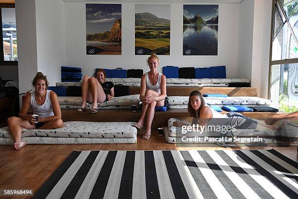 Athletes of the New Zealand team are seen in the relaxing room of the Athletes village on August 4, 2016 in Rio de Janeiro, Brazil.