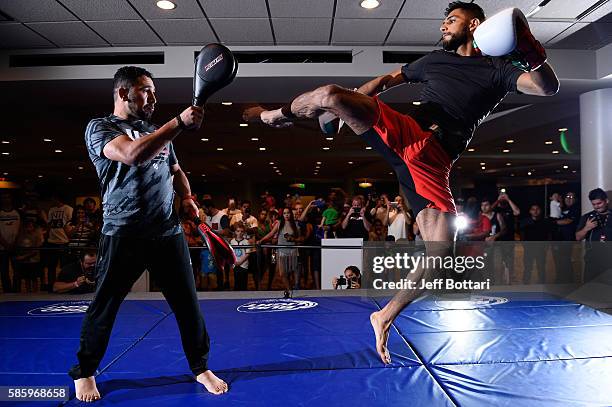 Yair Rodriguez of Mexico holds an open workout session for the media at Vivint Smart Home Arena on August 4, 2016 in Salt Lake City, Utah.