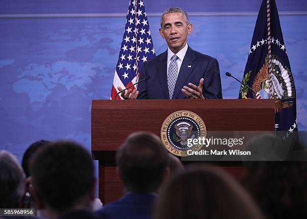 President Barack Obama speaks to media after a meeting with US Secretary of Defense Ashton Carter and members of the Joint Chiefs of Staff, at the...