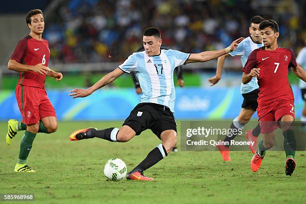 Mauricio Martinez of Argentina shoots at goal during the Men's Group D first round match between Portugal and Argentina during the Rio 2016 Olympic...