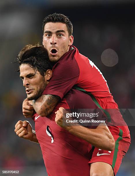 Paciencia Goncalo of Portugal celebrates his goal during the Men's Group D first round match between Portugal and Argentina during the Rio 2016...