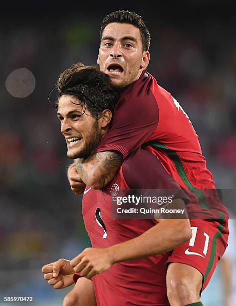 Paciencia Goncalo of Portugal celebrates his goal during the Men's Group D first round match between Portugal and Argentina during the Rio 2016...