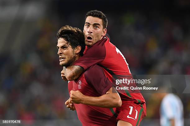 Paciencia Goncalo of Portugal celebrates his goal during the Men's Group D first round match between Portugal and Argentina during the Rio 2016...