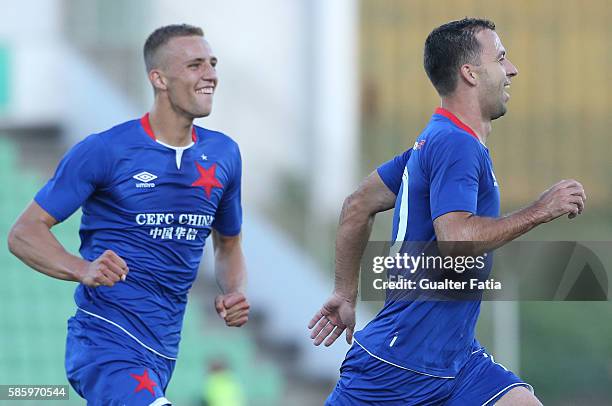 Slavia PrahaÕs midfielder Josef Husbauer celebrates after scoring a goal during the UEFA Europa League Qualifications Semi-Finals 2nd Leg match...