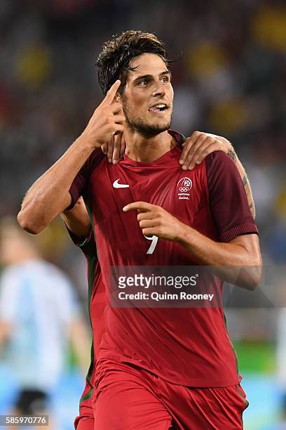 Paciencia Goncalo of Portugal celebrates his goal during the Men's Group D first round match between Portugal and Argentina during the Rio 2016...