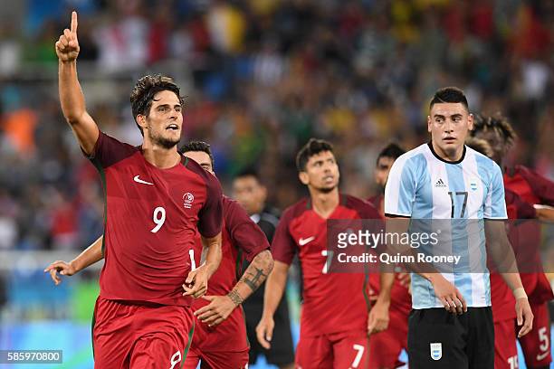 Paciencia Goncalo of Portugal celebrates his goal during the Men's Group D first round match between Portugal and Argentina during the Rio 2016...