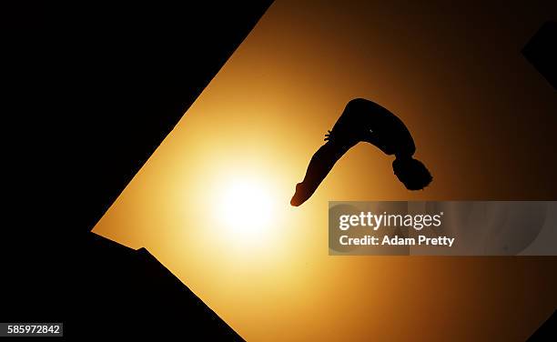 Divers in action during training at the Maria Lenk Aquatics Centre in Rio de Janerio on August 4, 2016 in Rio de Janeiro, Brazil.