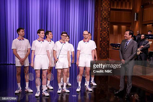 Episode 0515 -- Pictured: The U.S.A. Badminton team performs during the monologue with host Jimmy Fallon on August 4, 2016 --