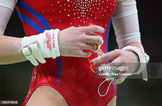 Daria Spiridonova of Russia prepares for the Uneven Bars during a Gymnastics training session at Rio Olympic Arena on August 4, 2016 in Rio de...