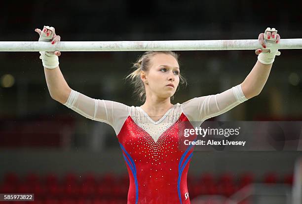 Daria Spiridonova of Russia prepares the Uneven Bars during a Gymnastics training session at Rio Olympic Arena on August 4, 2016 in Rio de Janeiro,...