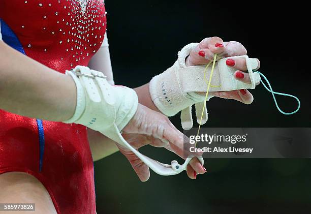 Daria Spiridonova of Russia prepares for the Uneven Bars during a Gymnastics training session at Rio Olympic Arena on August 4, 2016 in Rio de...
