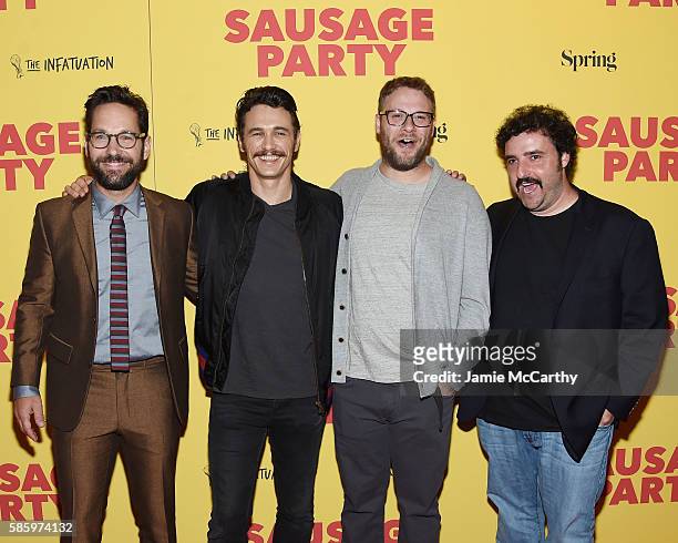 Paul Rudd, James Franco, Seth Rogen and David Krumholtz attend the premiere of "Sausage Party" at Sunshine Landmark on August 4, 2016 in New York...