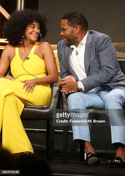 Actors Tracee Ellis Ross and Anthony Anderson speak onstage at the 'Black-ish' panel discussion during the Disney ABC Television Group portion of the...