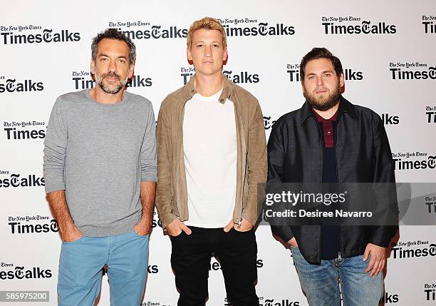 Director Todd Phillips, actors Miles Teller and Jonah Hill attend TimesTalks Presents The Cast of 'War Dogs' at The Times Center on August 4, 2016 in...