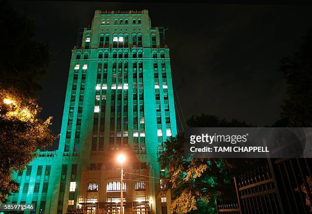 Atlanta City Hall is lit up with the rotating colors of Brazil with green, yellow and blue in Atlanta, Georgia on August 4, 2016. The lights are in...