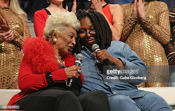 Actresses Nichelle Nichols and Whoopi Goldberg speak during the "Tribute to Nichelle Nichols" panel at the 15th annual official Star Trek convention...