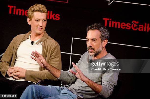 Actor Miles Teller and Todd Phillips speak during TimesTalks presents the cast of 'War Dogs' at The Times Center on August 04, 2016 in New York City.