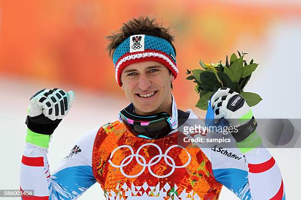 Olympic Champion Olympiasieger Goldmedalist Goldmedailiengewinner Matthias Mayer AUT downhill race men Abfahrt Männer in Rosa Khutor Alpine Centre...