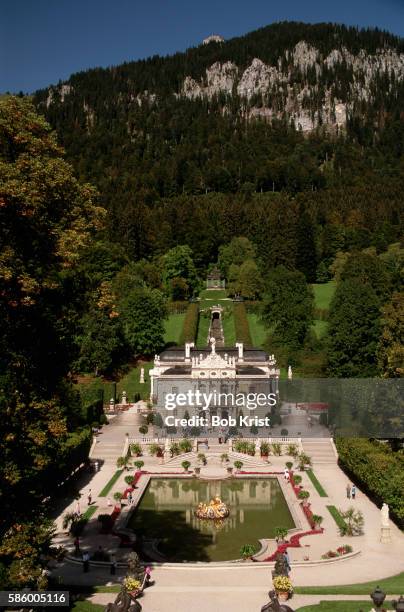 aerial view of linderhof castle - oberammergau stock pictures, royalty-free photos & images