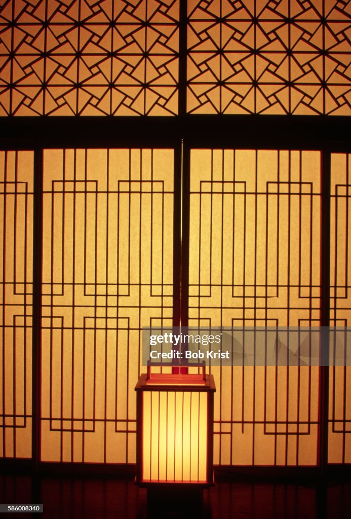 Carved Shoji Screen and Lantern
