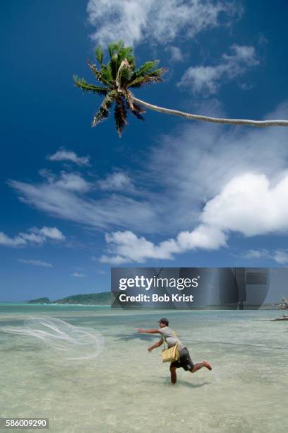 fisherman on faiaai beach - polynesia stock pictures, royalty-free photos & images