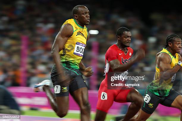 Olympiasieger olympic Champion Goldmedalist Gold Usain Bolt JAM Juston Gatlin 3. Und Yohan Blake JAM 100 Meter Finale 100 meter final men Männer...