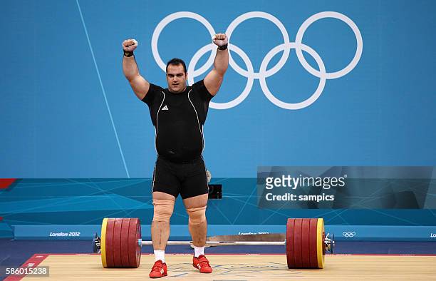 Goldmedaille für Behad SALIMIKORDASIABI Olympische Sommerspiele 2012 London : Gewichtheben Männer +100kg Finale ExCel Hall Olympic Summer Games 2012...