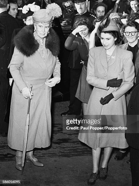 Princesses Elizabeth and her grandmother, Queen Mary of Teck arrive at a reception in Clerkenwell Green, London on March 10th 1948.