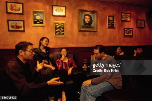 friends smoking cigars at cigar bar - smoking cigar fotografías e imágenes de stock